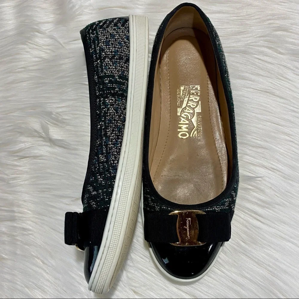 Ferragamo Rufina‎ Tweed Patent Leather Flats Green Black 5.5